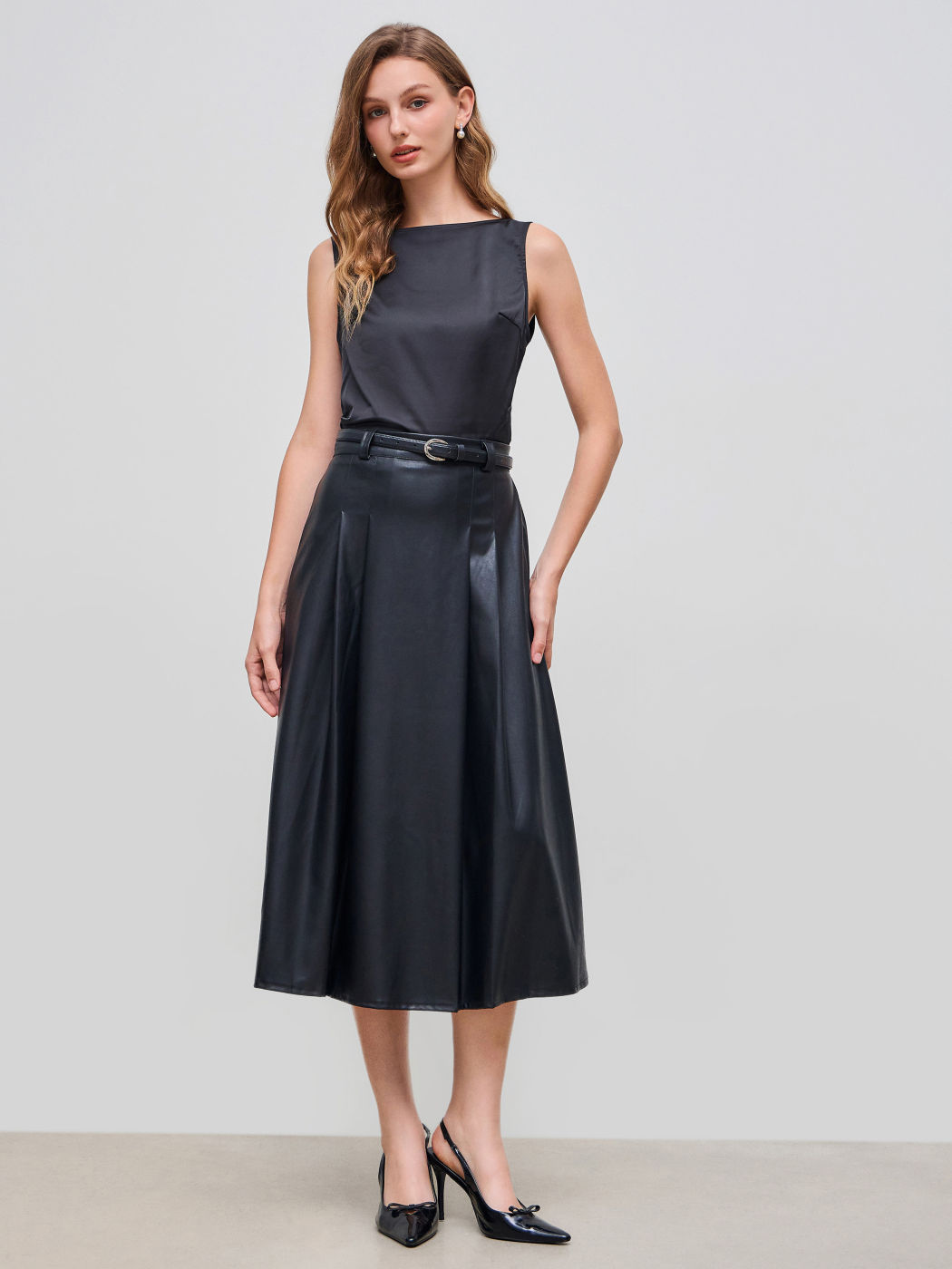 Faux Leather High Rise Midi Skirt With Belt