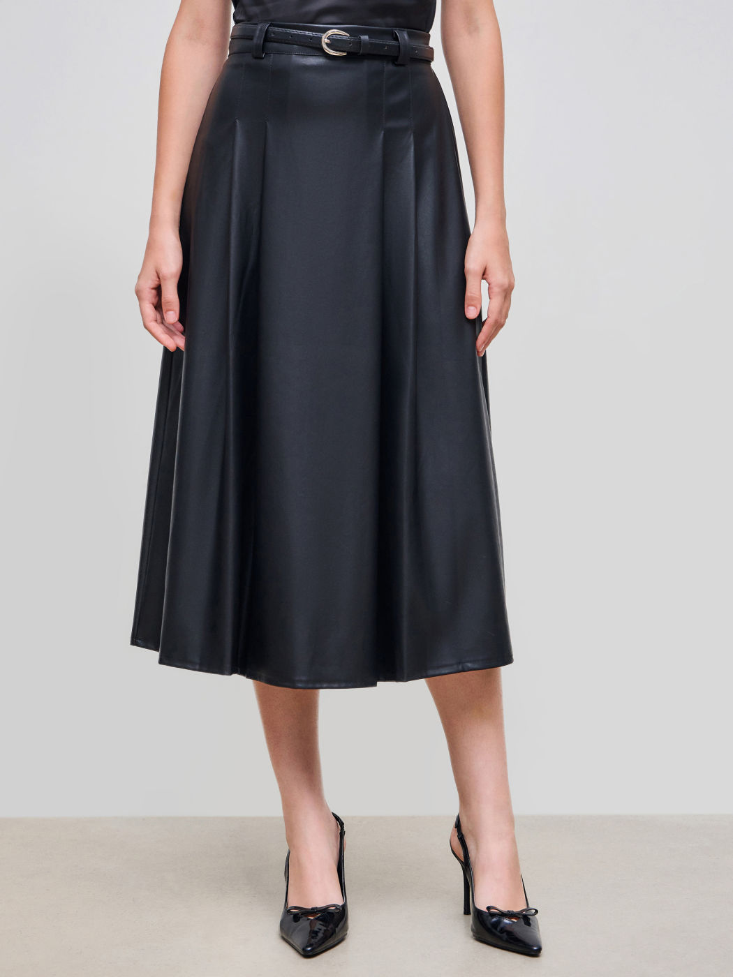 Faux Leather High Rise Midi Skirt With Belt