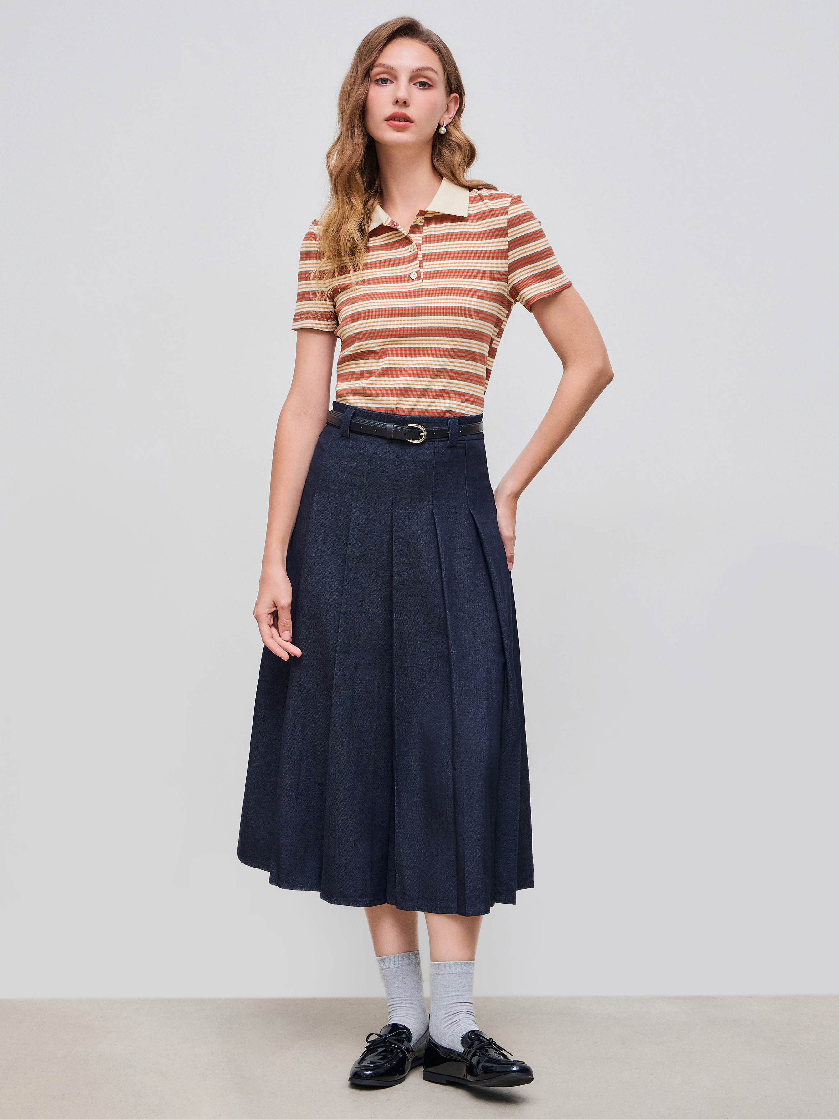 織布 ベルト付きハイライズプリーツマキシスカート For 仕事