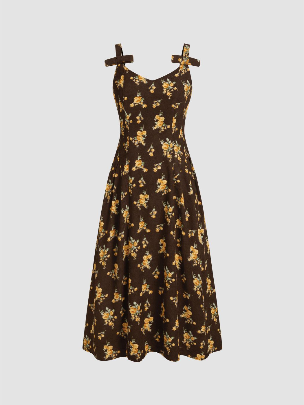 Corduroy V-neck Floral Bowknot Midi Dress