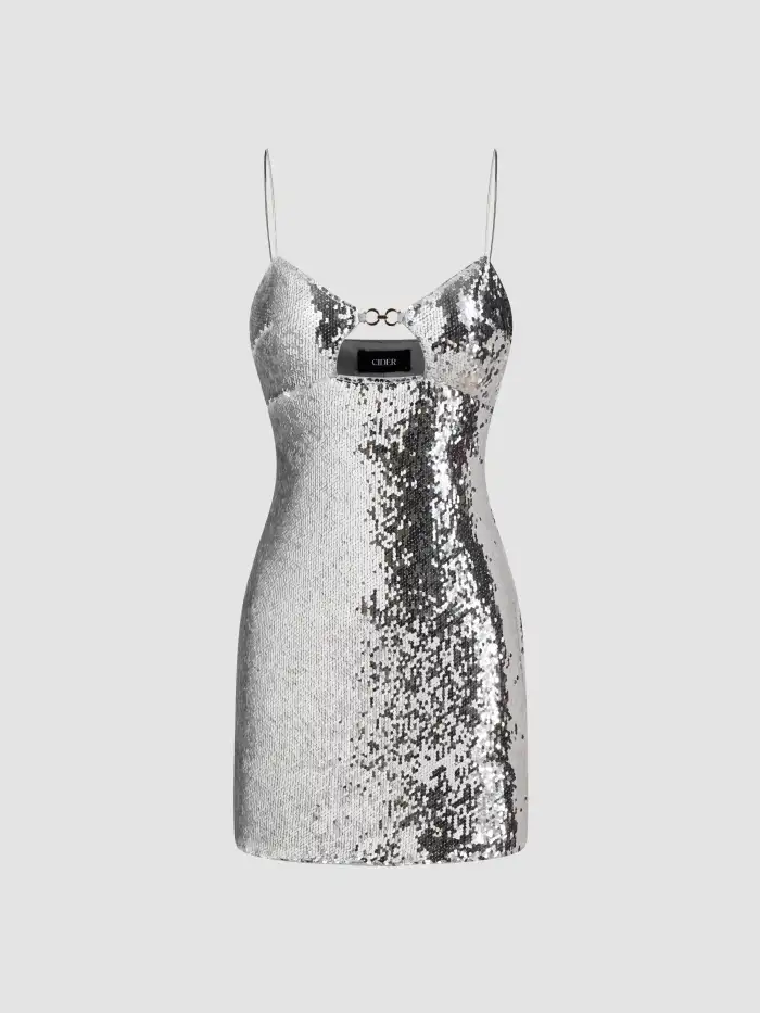 Sequin Cowl Neck Rhinestone Shoulder Straps Mini Dress