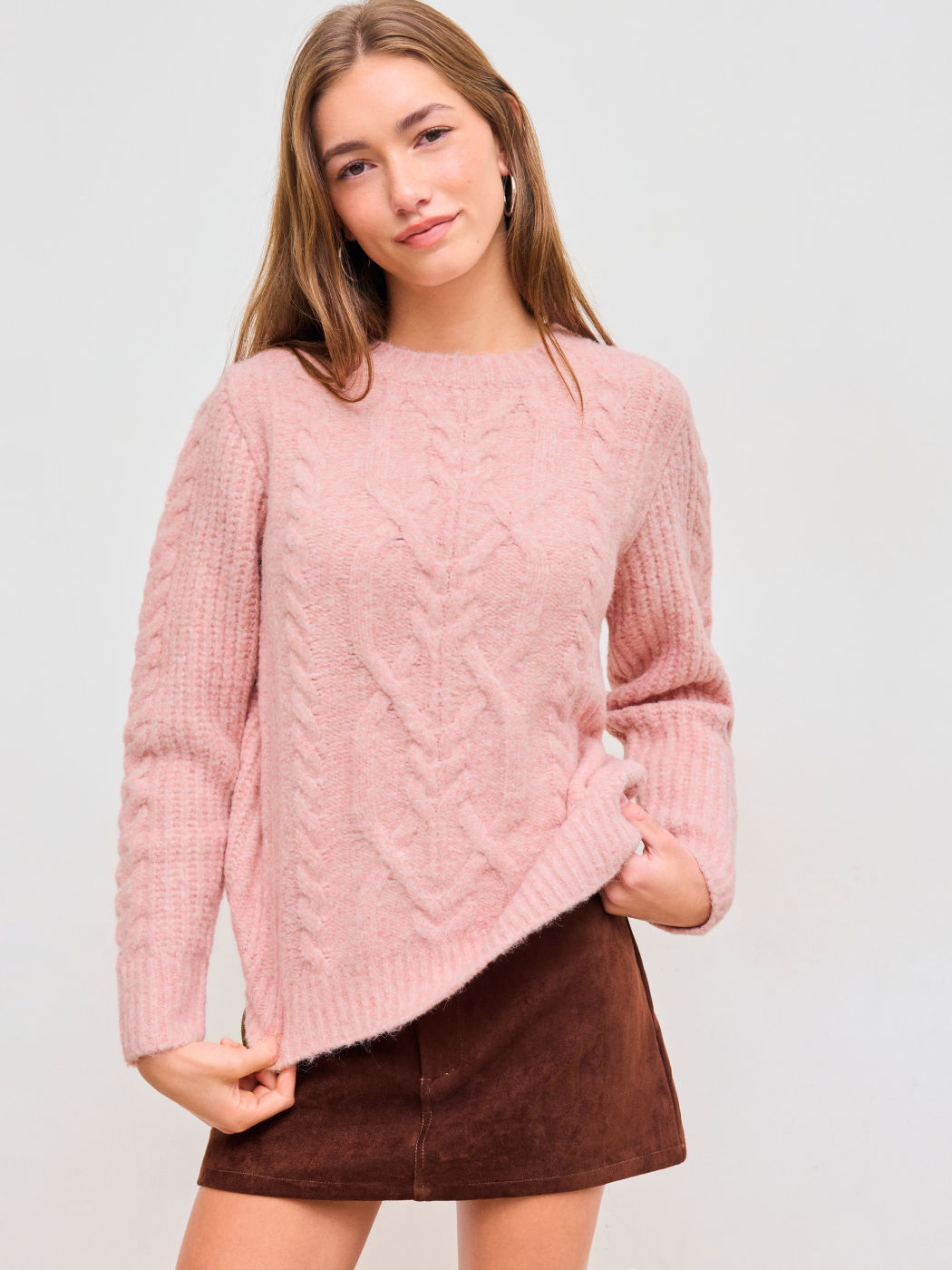 Wool-blend Round Neckline Solid Cable Knit Sweater