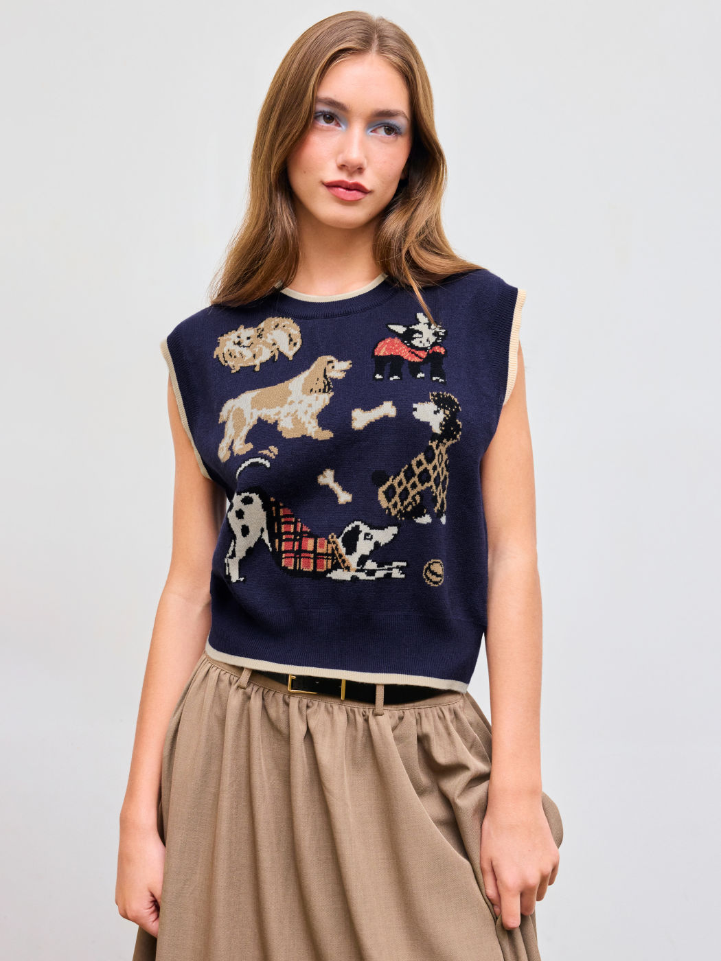 Knit Round Neckline Dog Graphic Contrasting Binding Vest