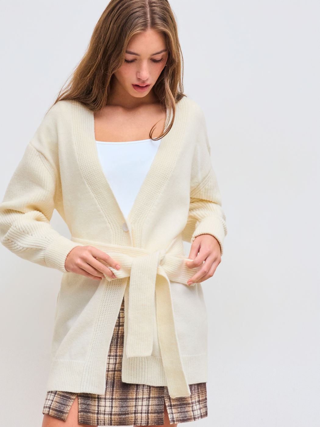 Wool-blend Solid Knit Cardigan With Belt