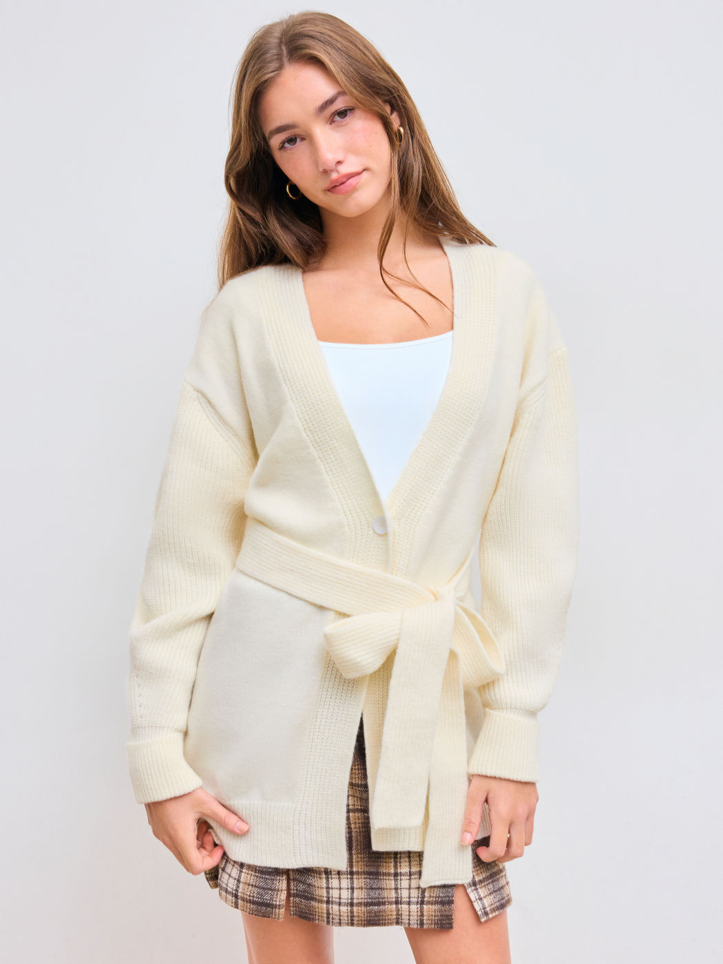 Wool-blend Solid Knit Cardigan With Belt