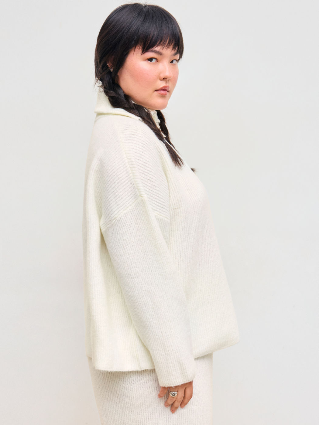 Wool-blend Collar Solid Zipper Knitted Sweater Curve & Plus
