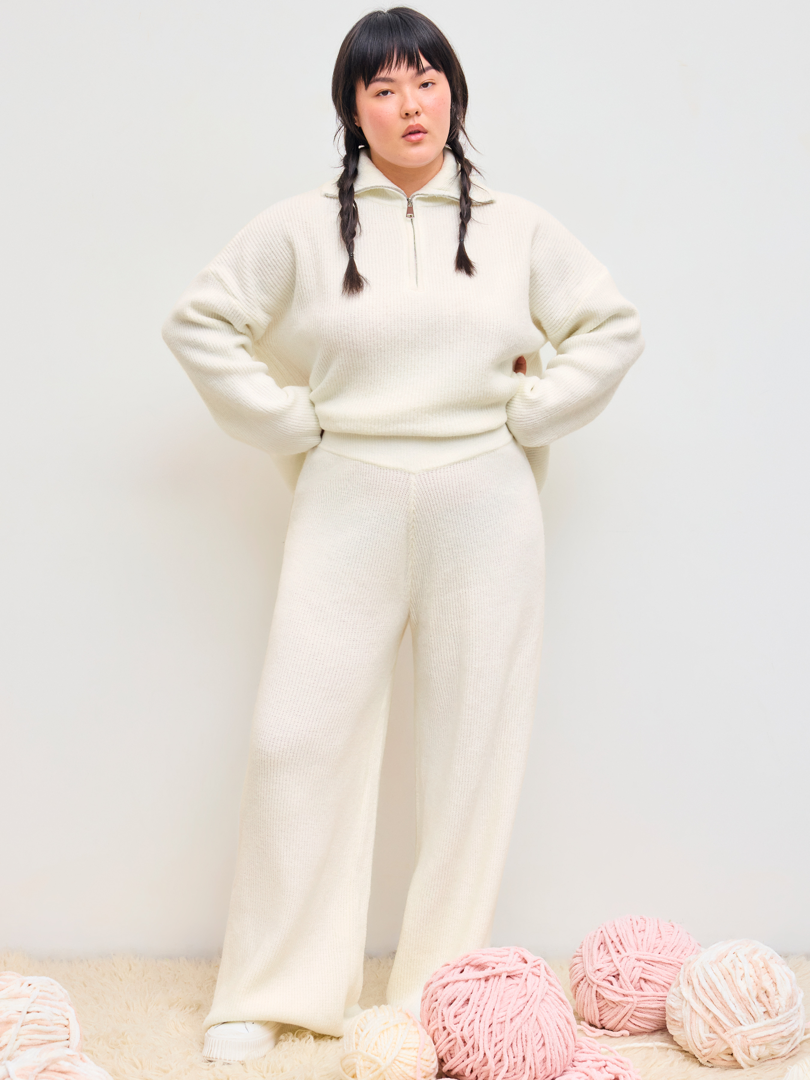 Knit Fabric Wool-blend Knitted Mid Waist Wide Leg Trousers