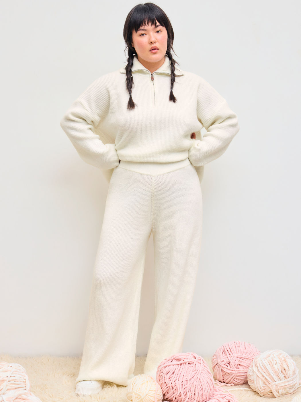 Wool-blend Knitted Mid Waist Wide Leg Trousers Curve & Plus