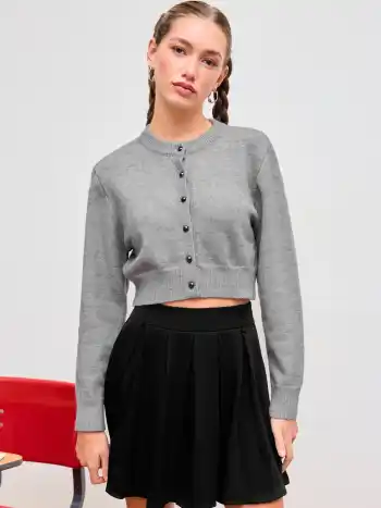 Knit Round Neckline Solid Button Cardigan