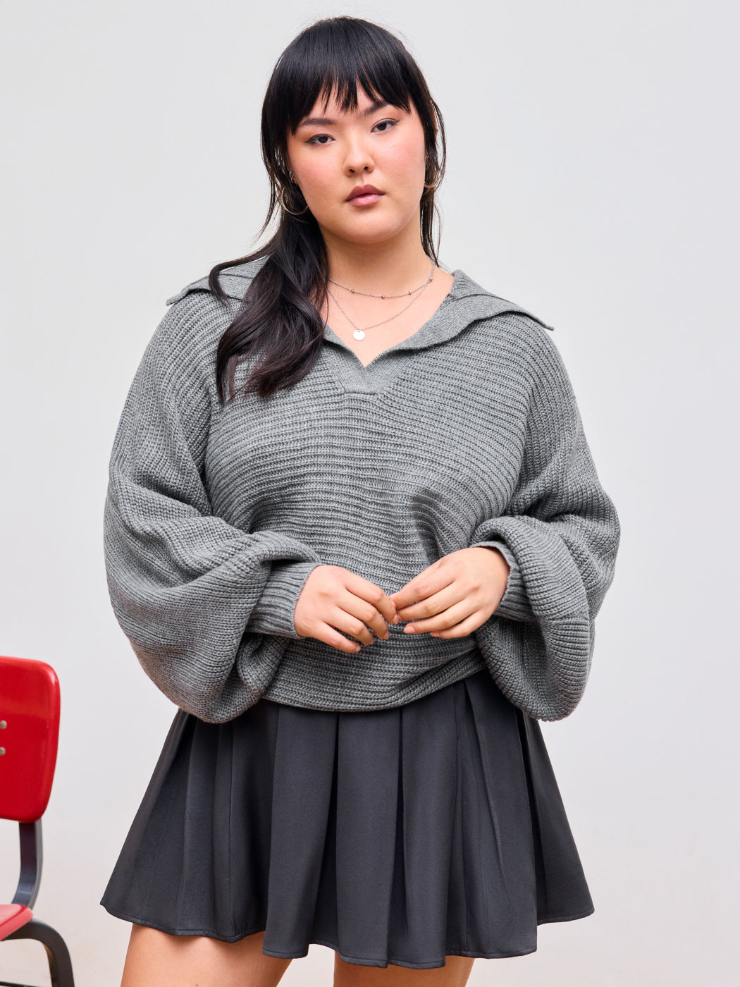 Knit Collar Solid Oversized Long Sleeve Sweater Curve & Plus