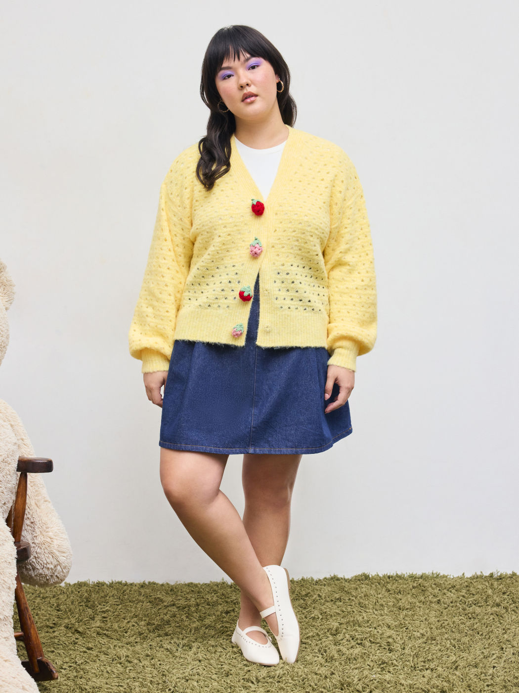Wool-blend V-neck Solid Strawberry Button Hollow Out Knitted Cardigan Curve & Plus