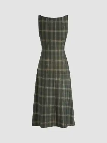 Tartan Rüschen Midikleid mit Rundhalsausschnitt