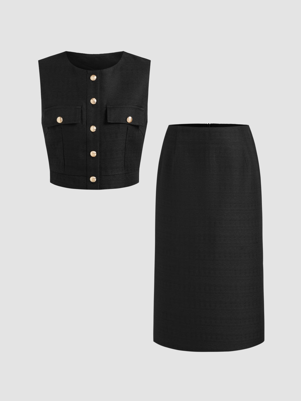 Round Neckline Solid Button Crop Tank Top & Mid Rise Midi Skirt Set