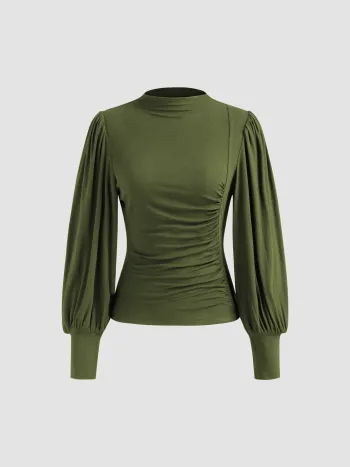 High Neck Solid Ruched Long Sleeve Top