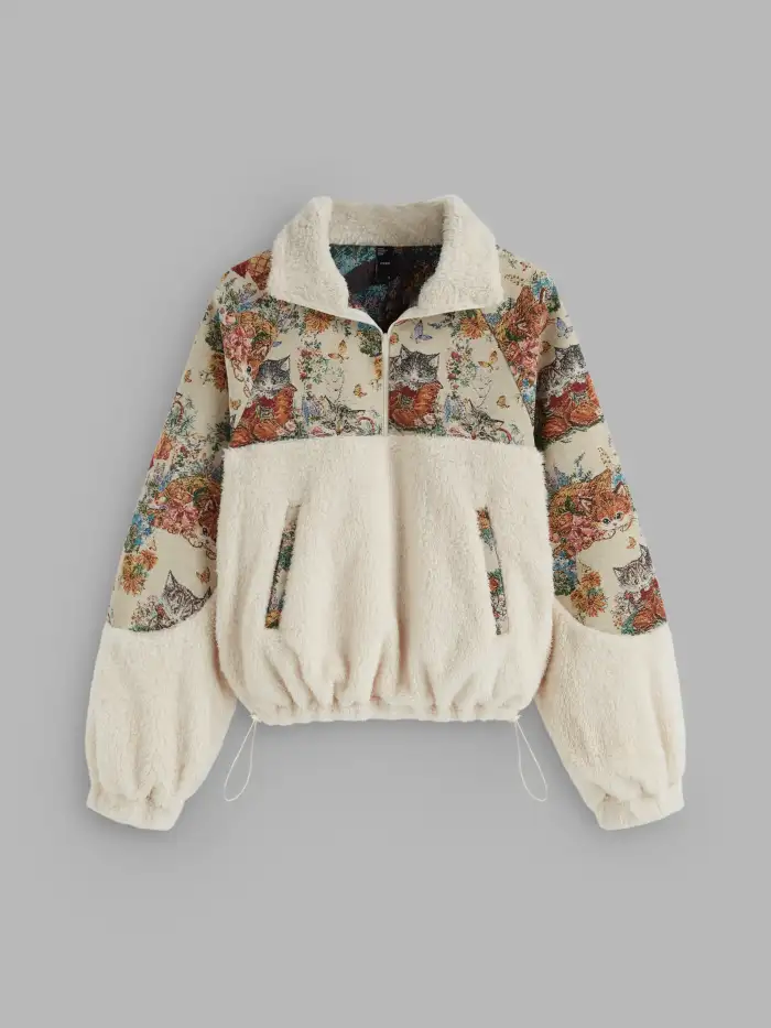 Fleece Stand Collar Floral Colorblock Drawstring Jacket