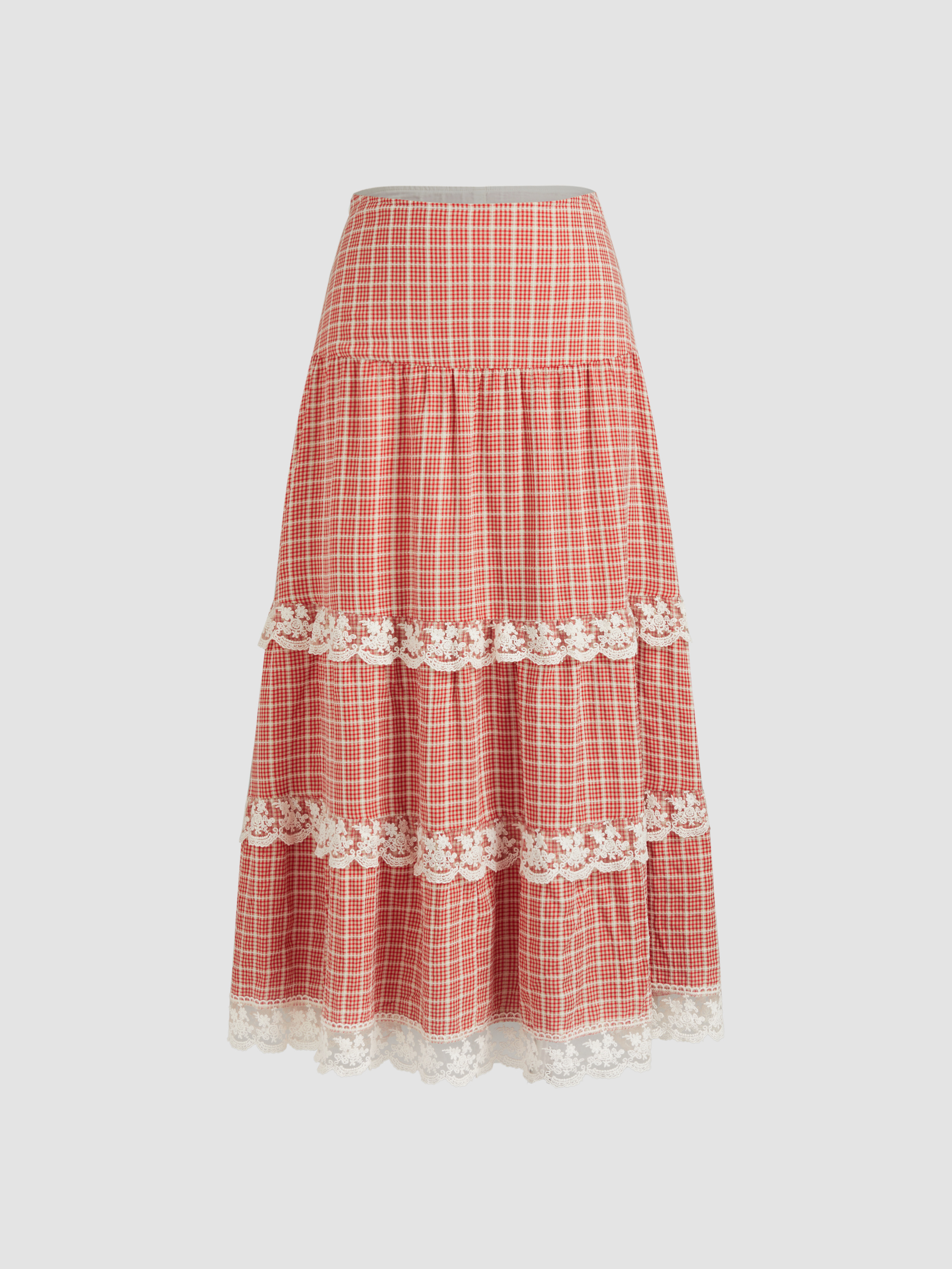 Woven High Rise Check Lace Tiered Maxi Skirt For Vacation