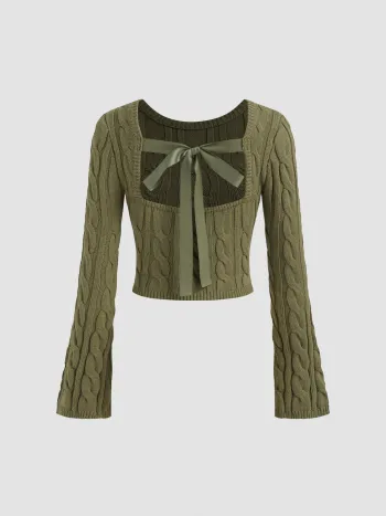 Cable Knit Round Neckline Solid Bowknot Long Sleeve Crop Top