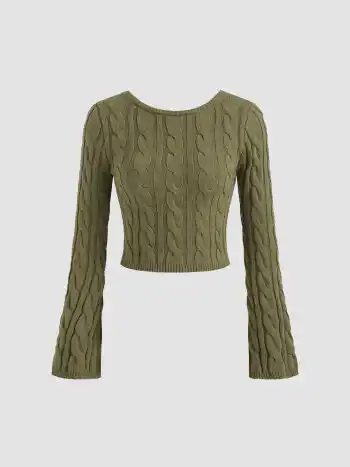 Cable Knit Round Neckline Solid Bowknot Long Sleeve Crop Top