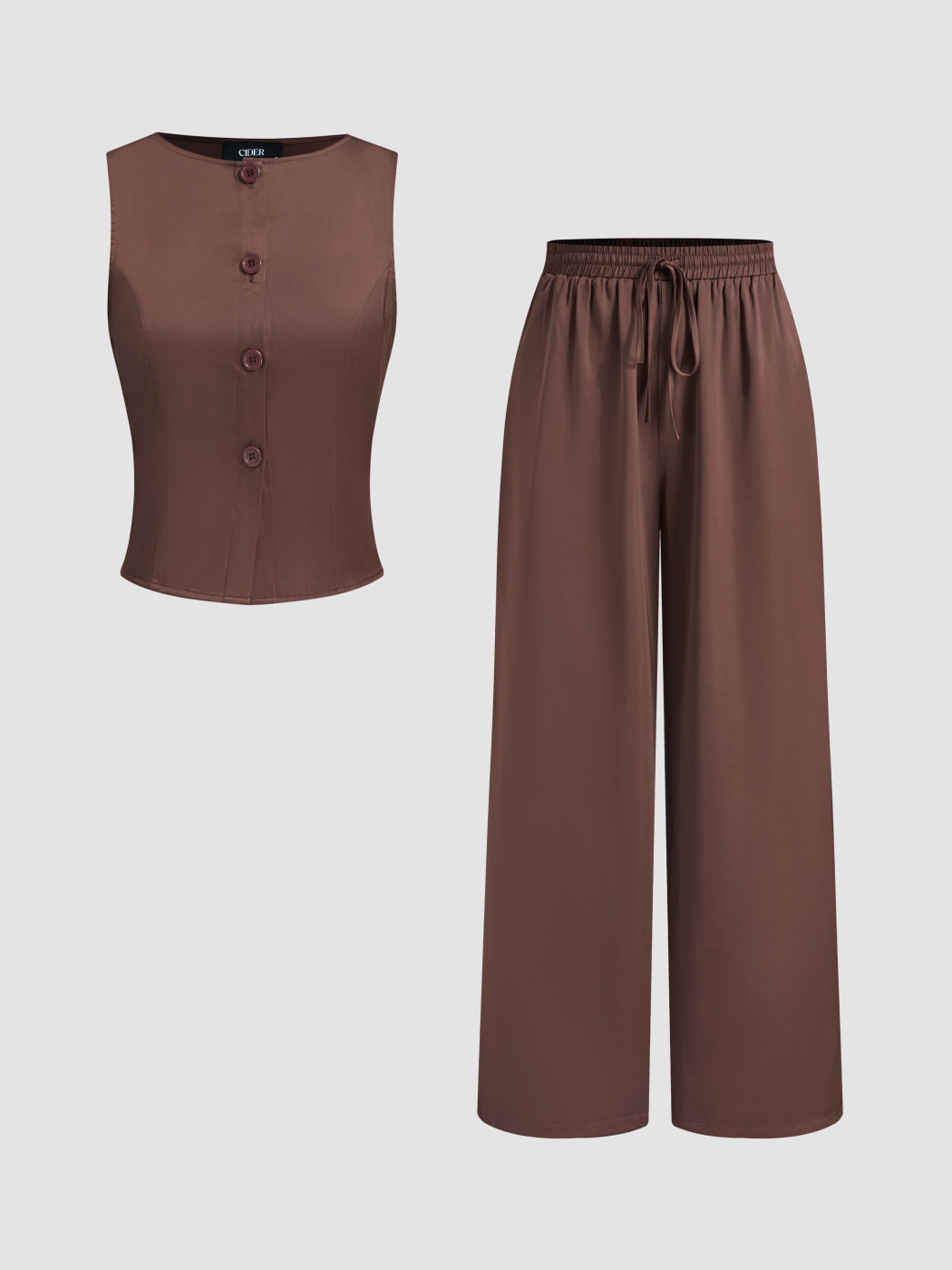 Satin Tie Back Top & Mid Rise Wide Leg Trousers Set