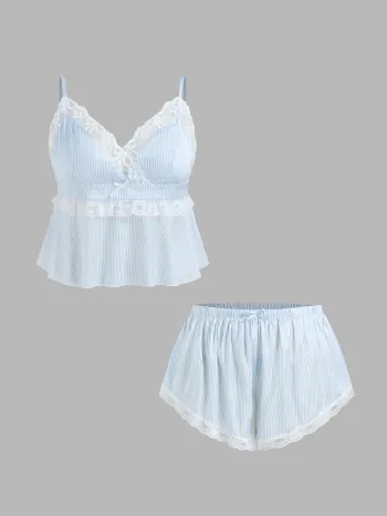 Satin Stripe Lace Bowknot Cami Top & Mid Rise Shorts Loungewear Set Curve & Plus