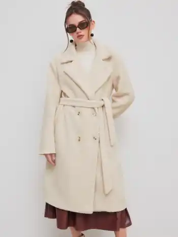 Fleece Collar Solid Pocket Oversized Coat With Belt