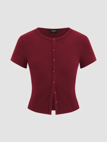Round Neckline Solid Button Short Sleeve Top