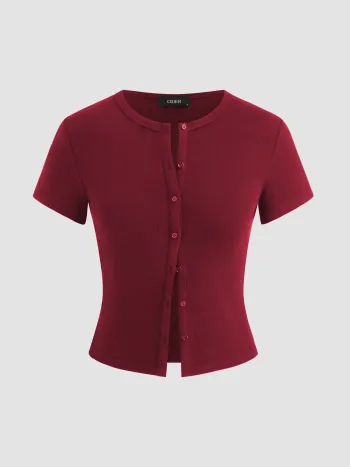 Round Neckline Solid Button Short Sleeve Top