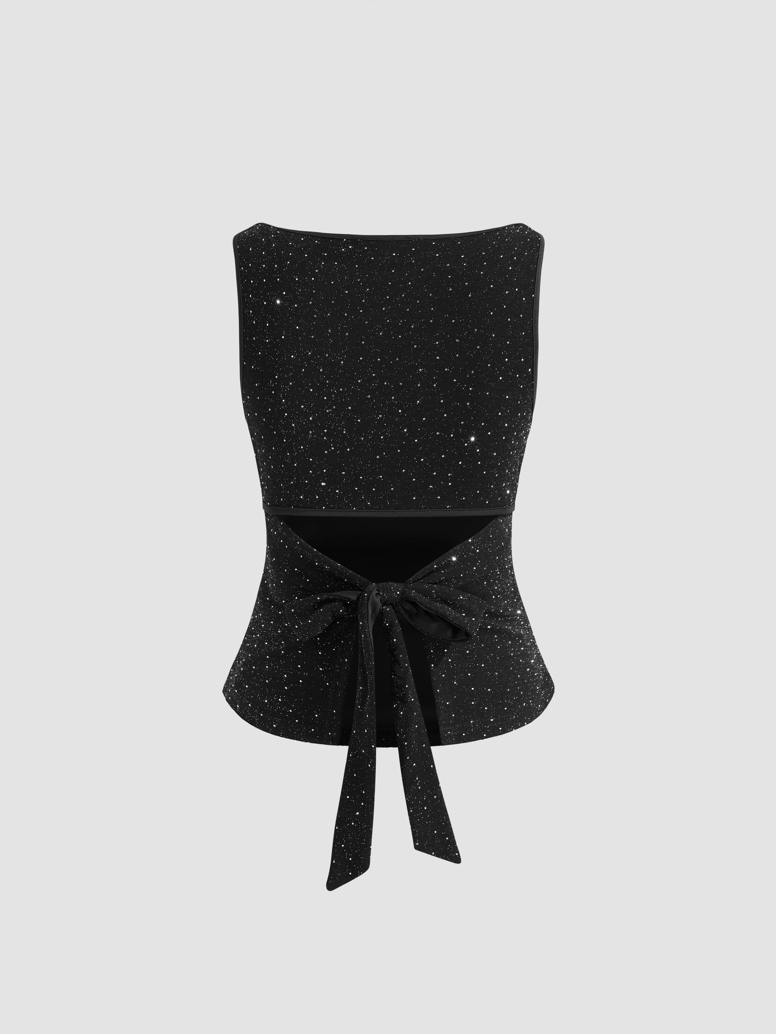 Knit Fabric Boat Neck Rhinestone Knotted Tank Top For Music