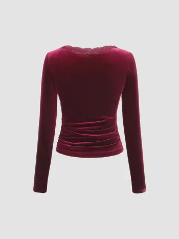 Top in velluto con scollo a V e pizzo solido increspato a maniche lunghe