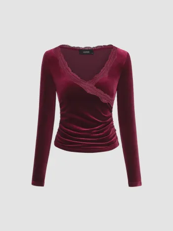 Top in velluto con scollo a V e pizzo solido increspato a maniche lunghe