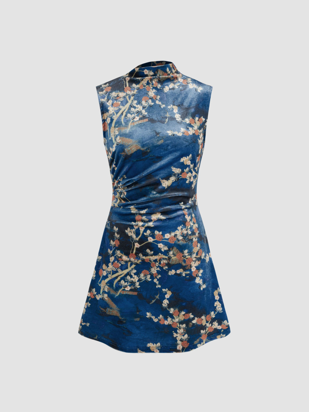 Samt-Mandarin-Kragen Blumen-Rusche Kurzkleid