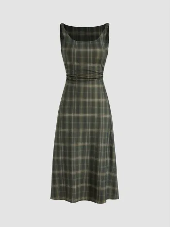 Tartan Rüschen Midikleid mit Rundhalsausschnitt