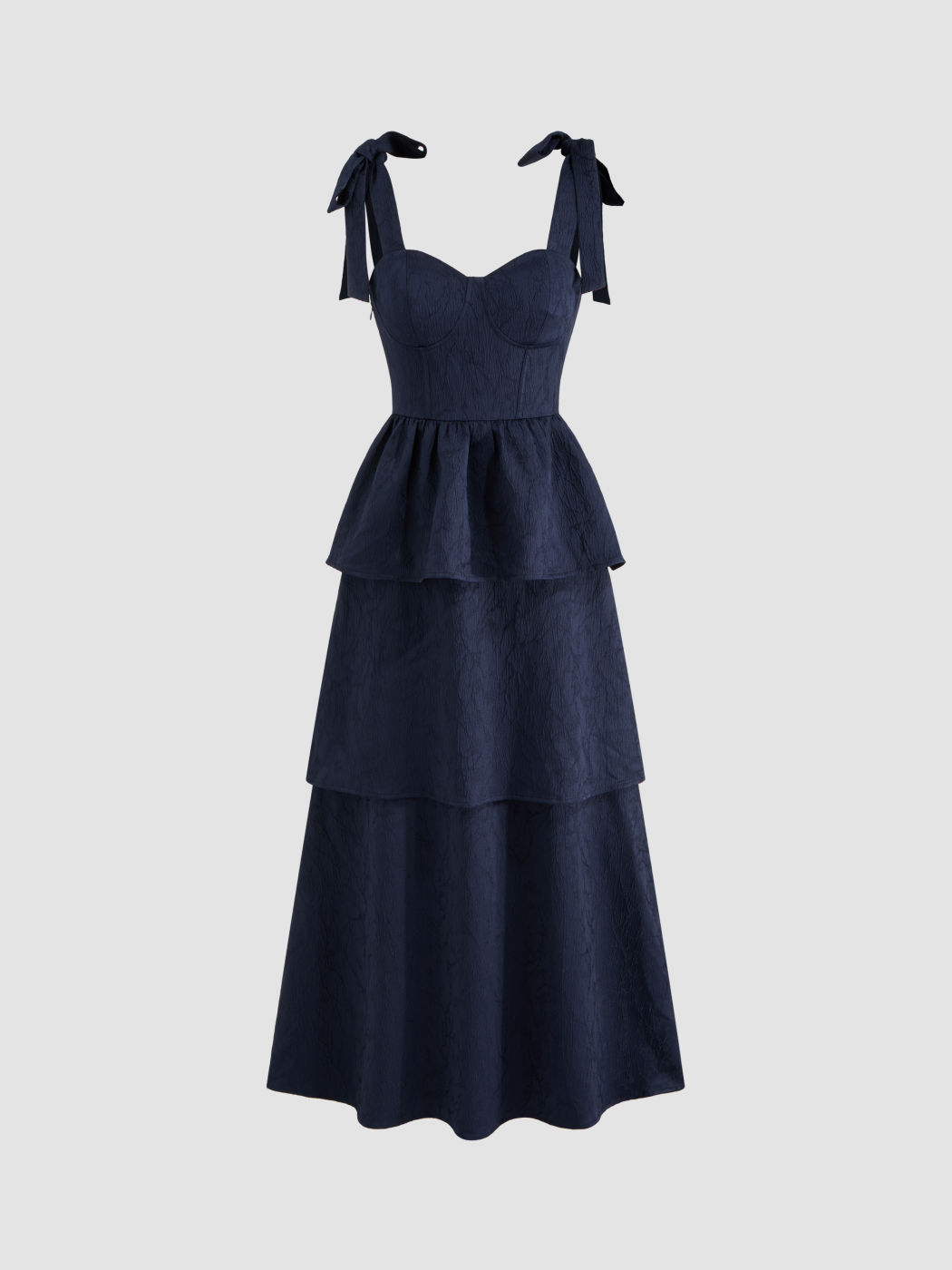 Vestido Maxi de Capas con Nudo, Cuello Redondo y Tejido Jacquard Sólido