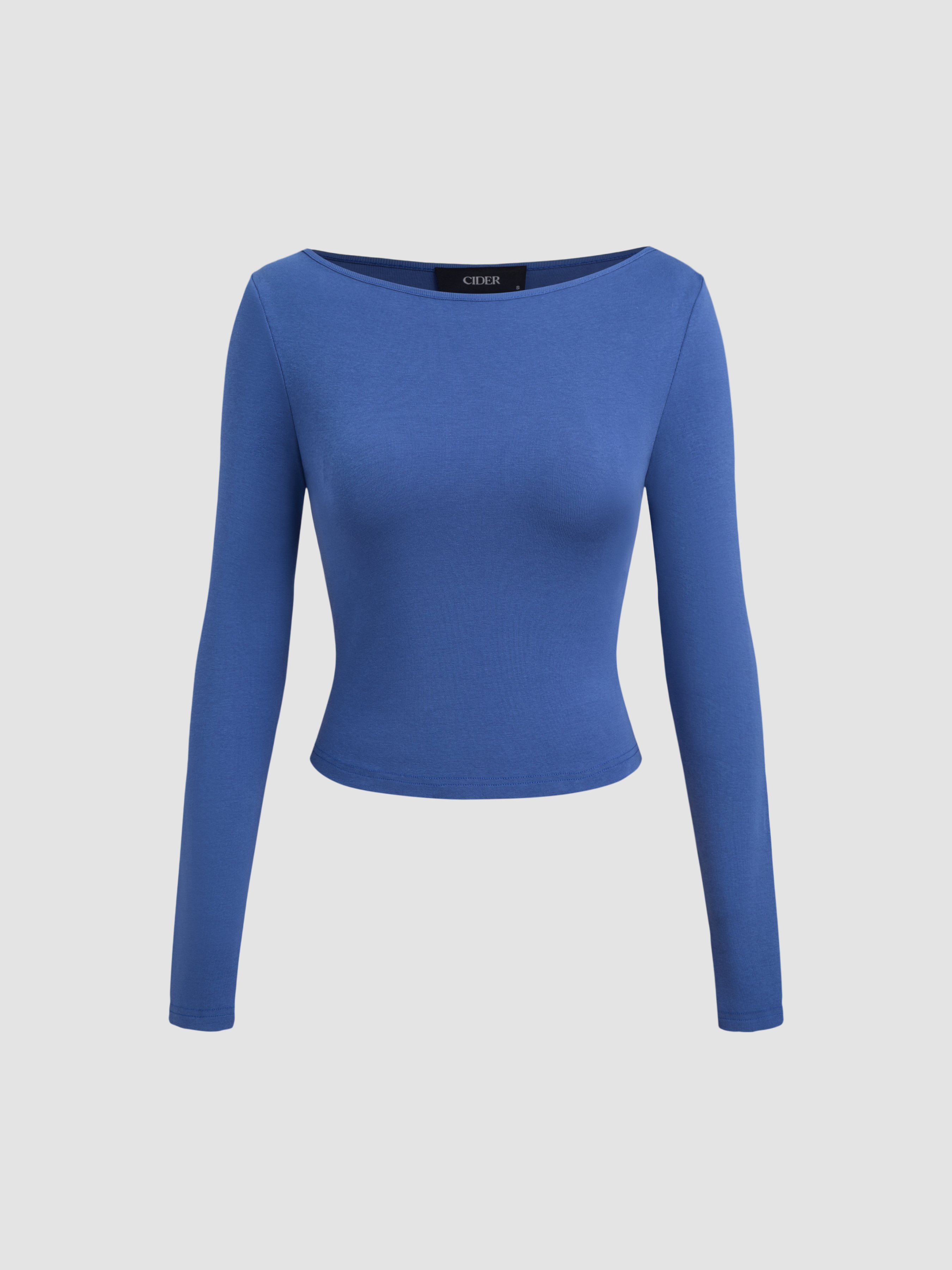 Knit Fabric Cotton-blend Boat Neck Solid Long Sleeve Top For Daily