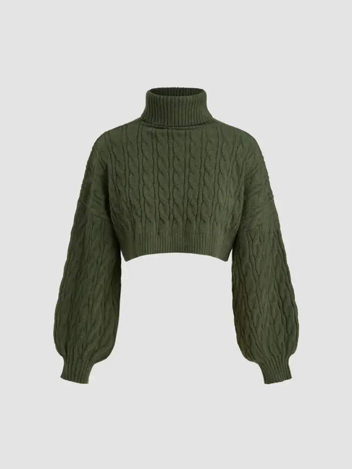 Knit Fabric Cable Knit Turtleneck Solid Long Sleeve Crop Top For