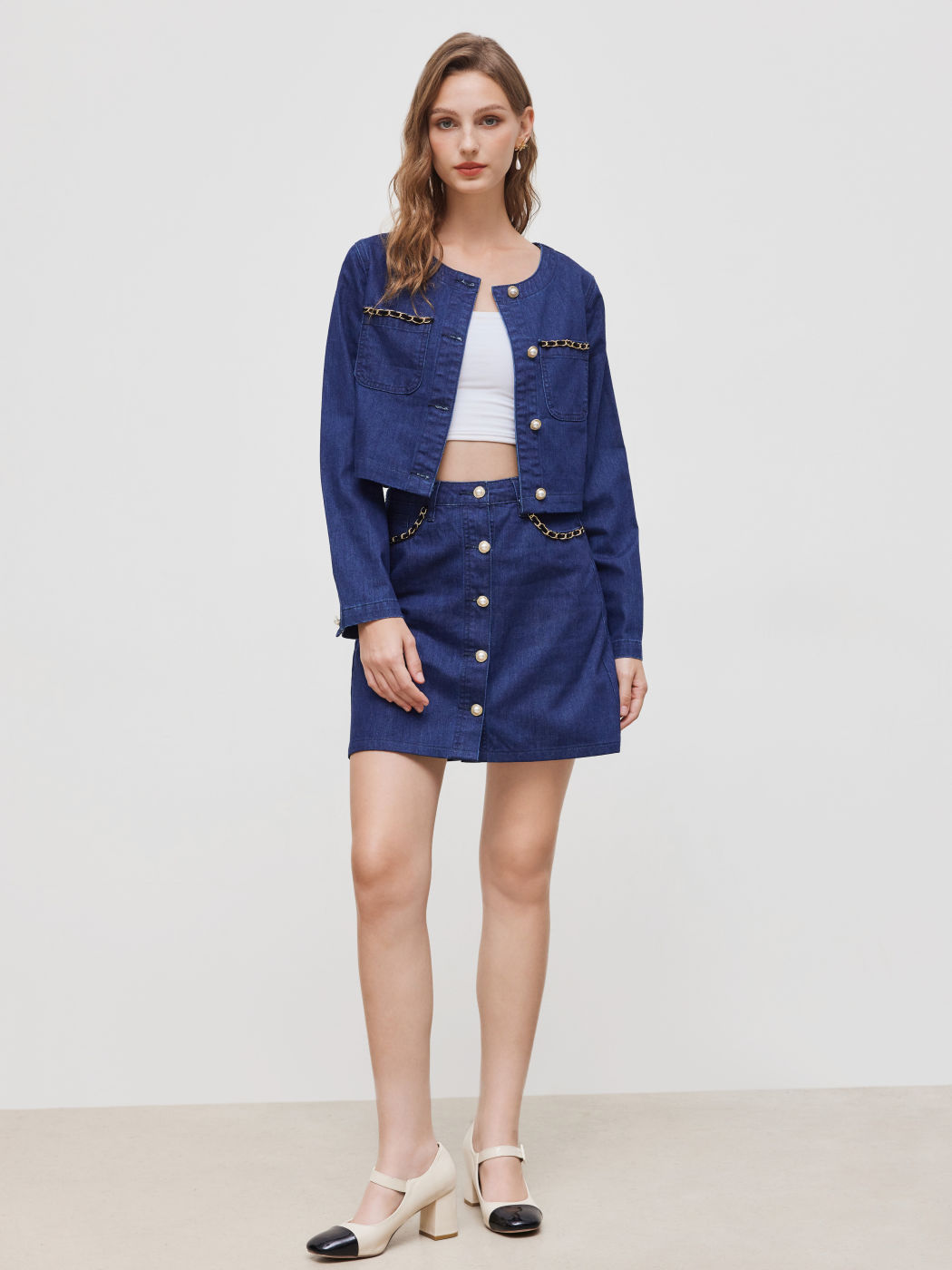 Denim Rundhalsausschnitt Einfarbig Perlenkette Jacke