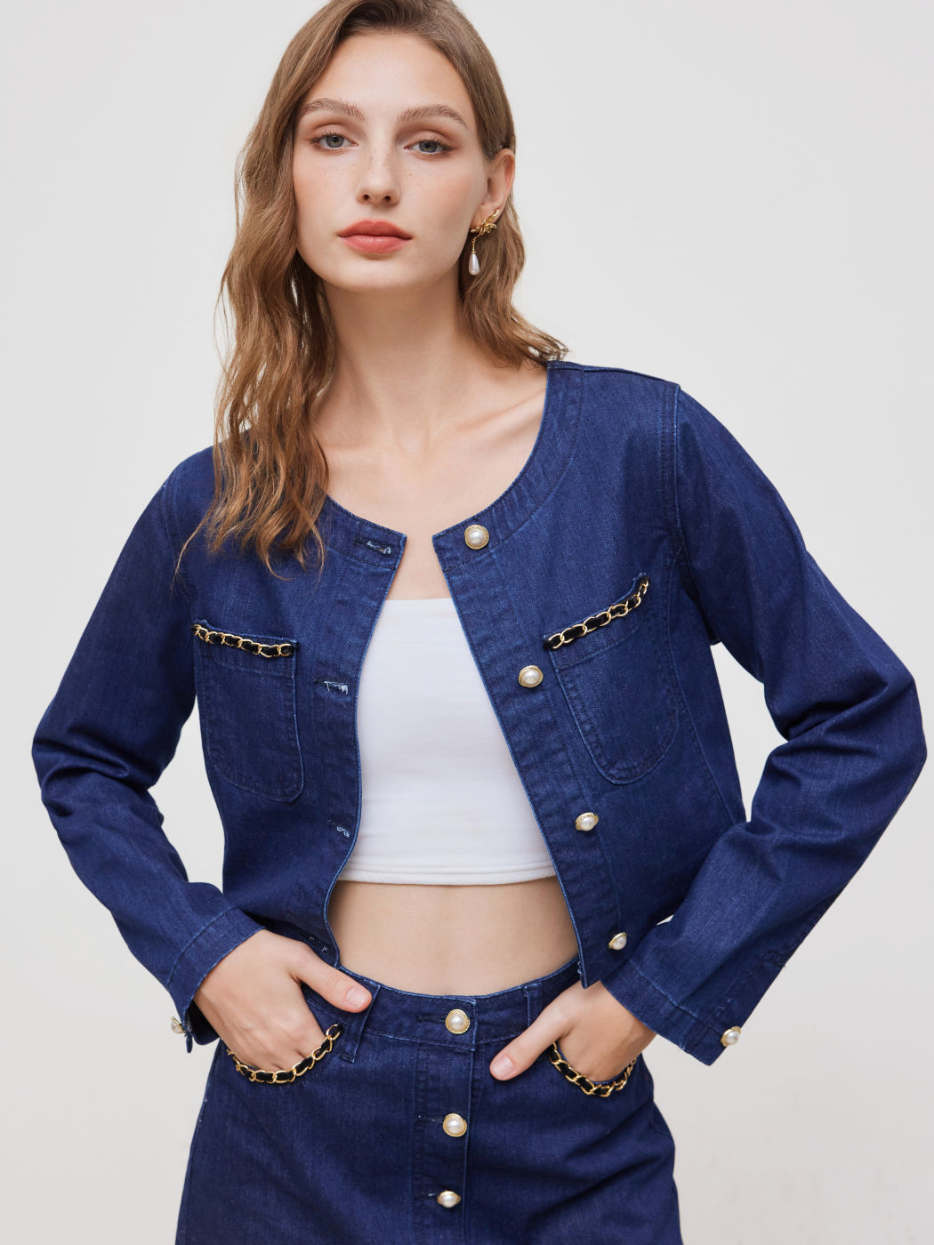 Denim Rundhalsausschnitt Einfarbig Perlenkette Jacke