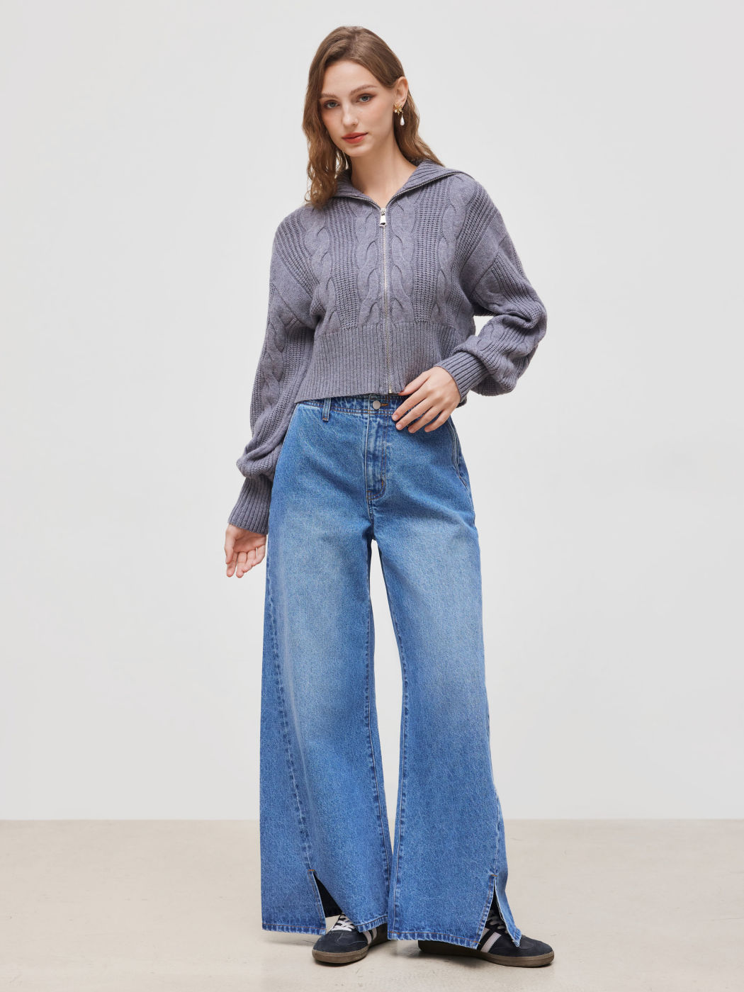Denim Low Rise Solid Pocket Split Baggy Jeans