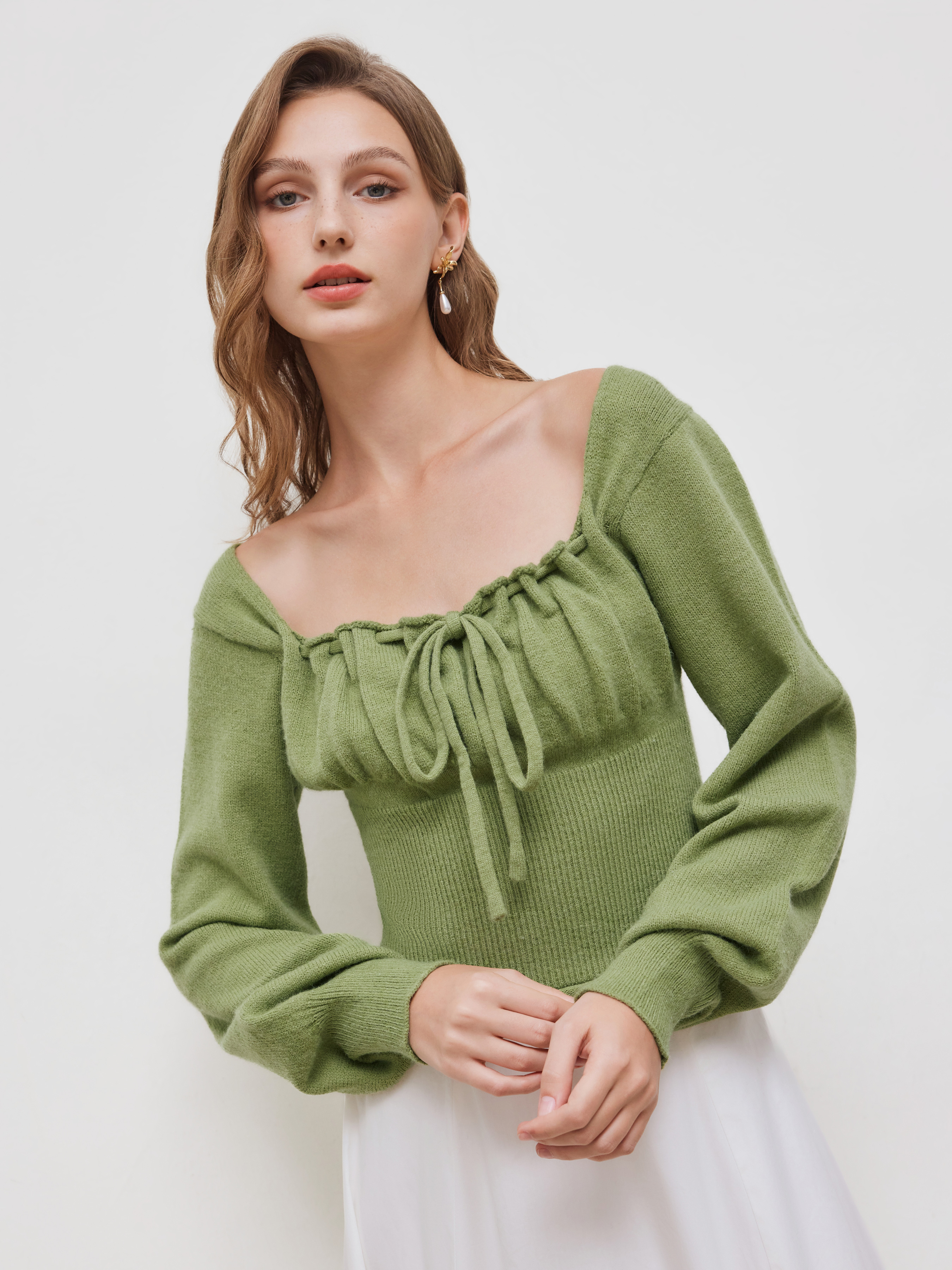 Knit Fabric Knit Square Neck Solid Knotted Long Sleeve Crop