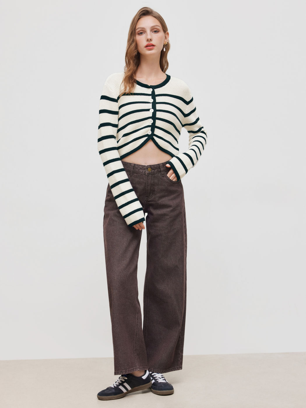 Cardigan in misto cotone con scollo rotondo e bande a contrasto