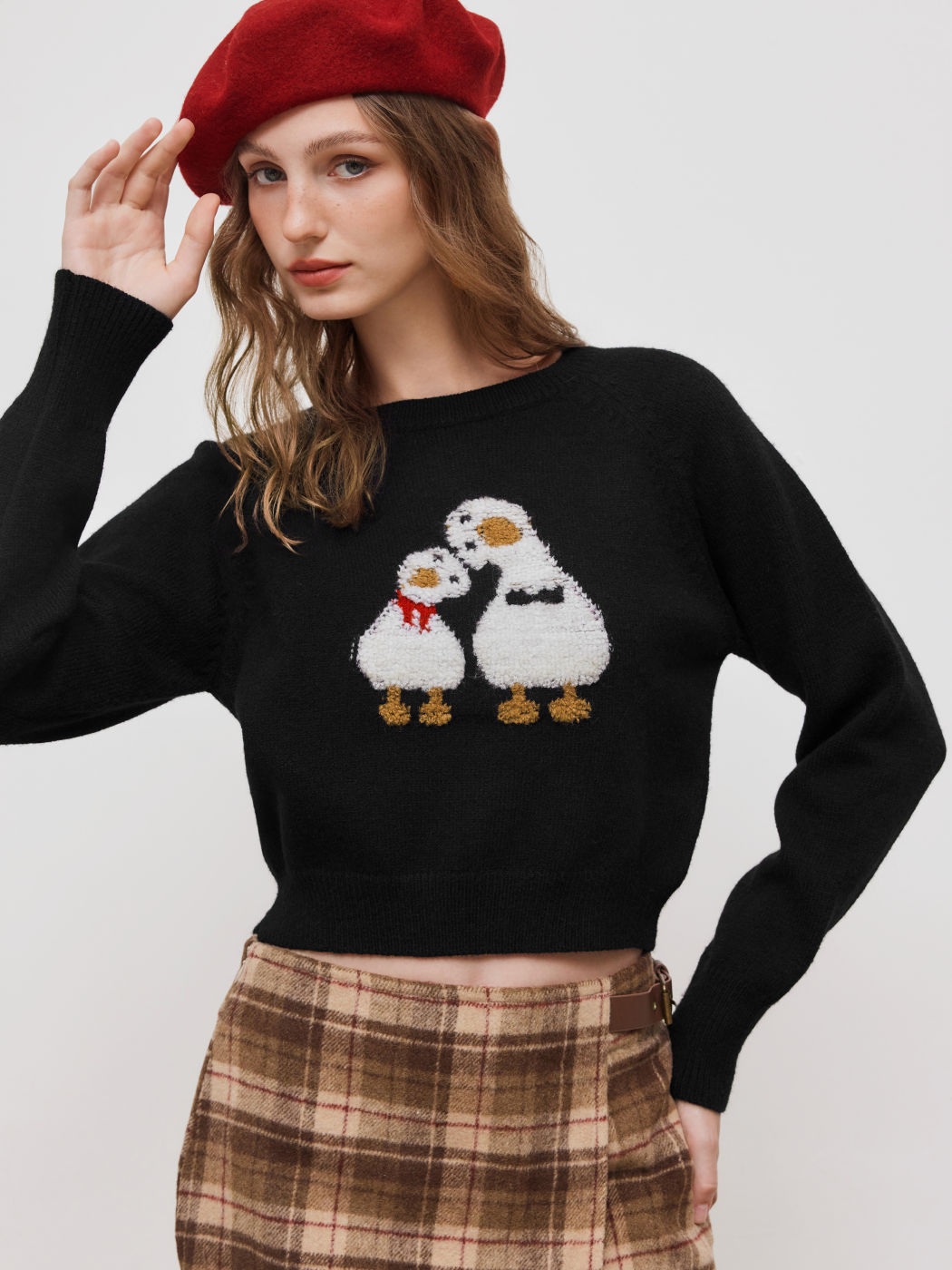 Knit Round Neckline Ducks Graphic Long Sleeve Top