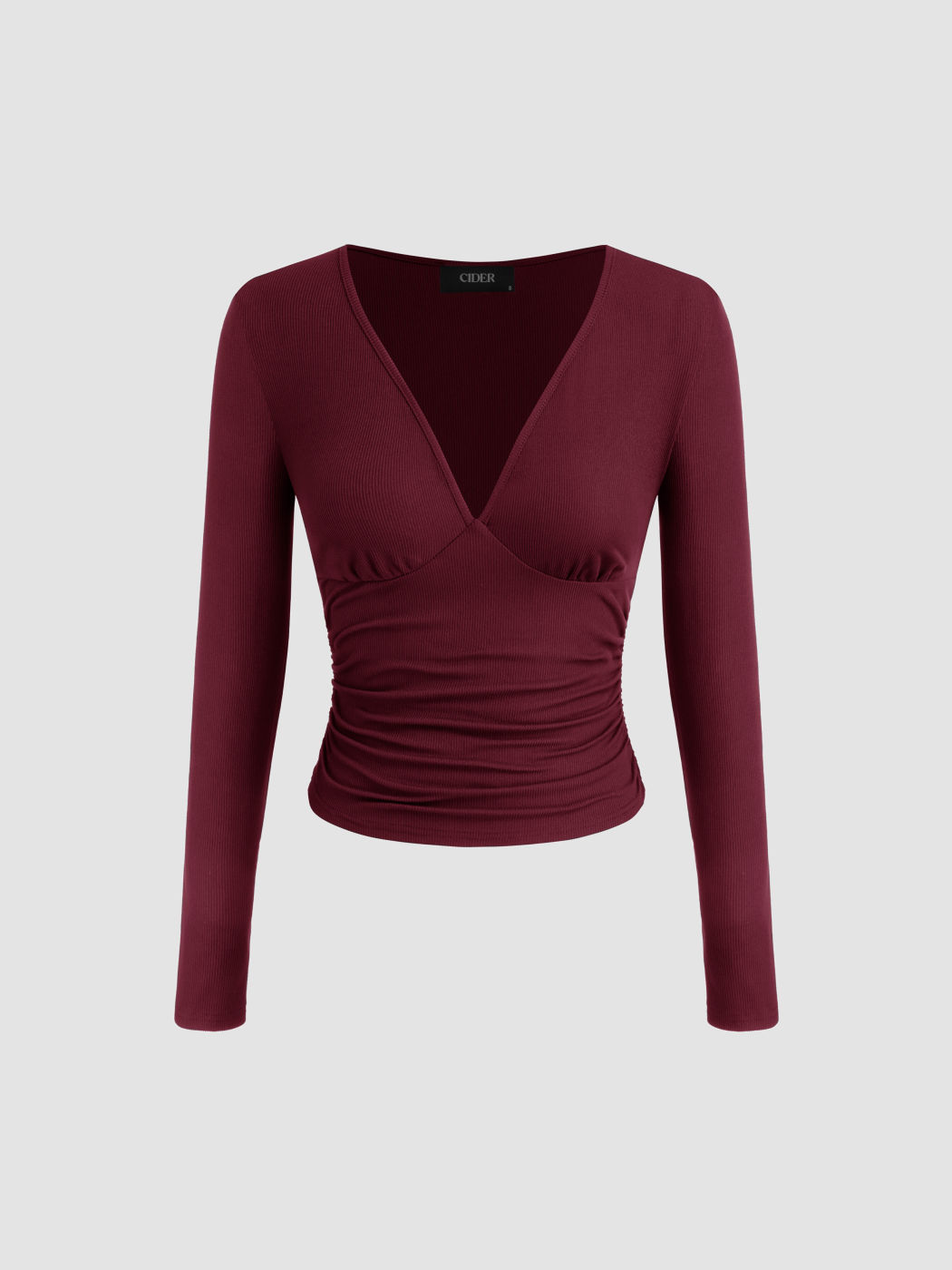 V-neck Solid Ruched Long Sleeve Tee