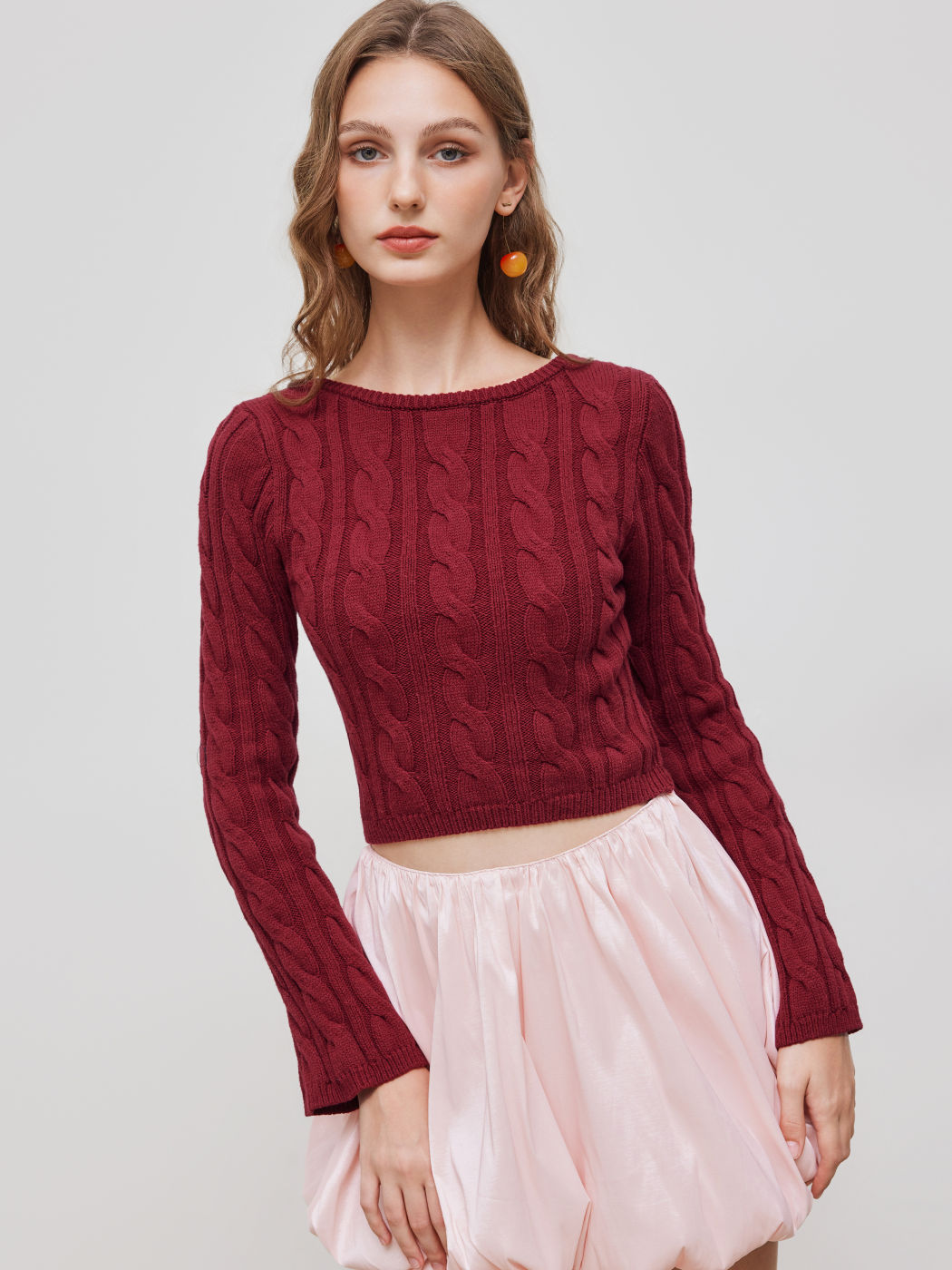 Cable Knit Round Neckline Solid Bowknot Long Sleeve Crop Top