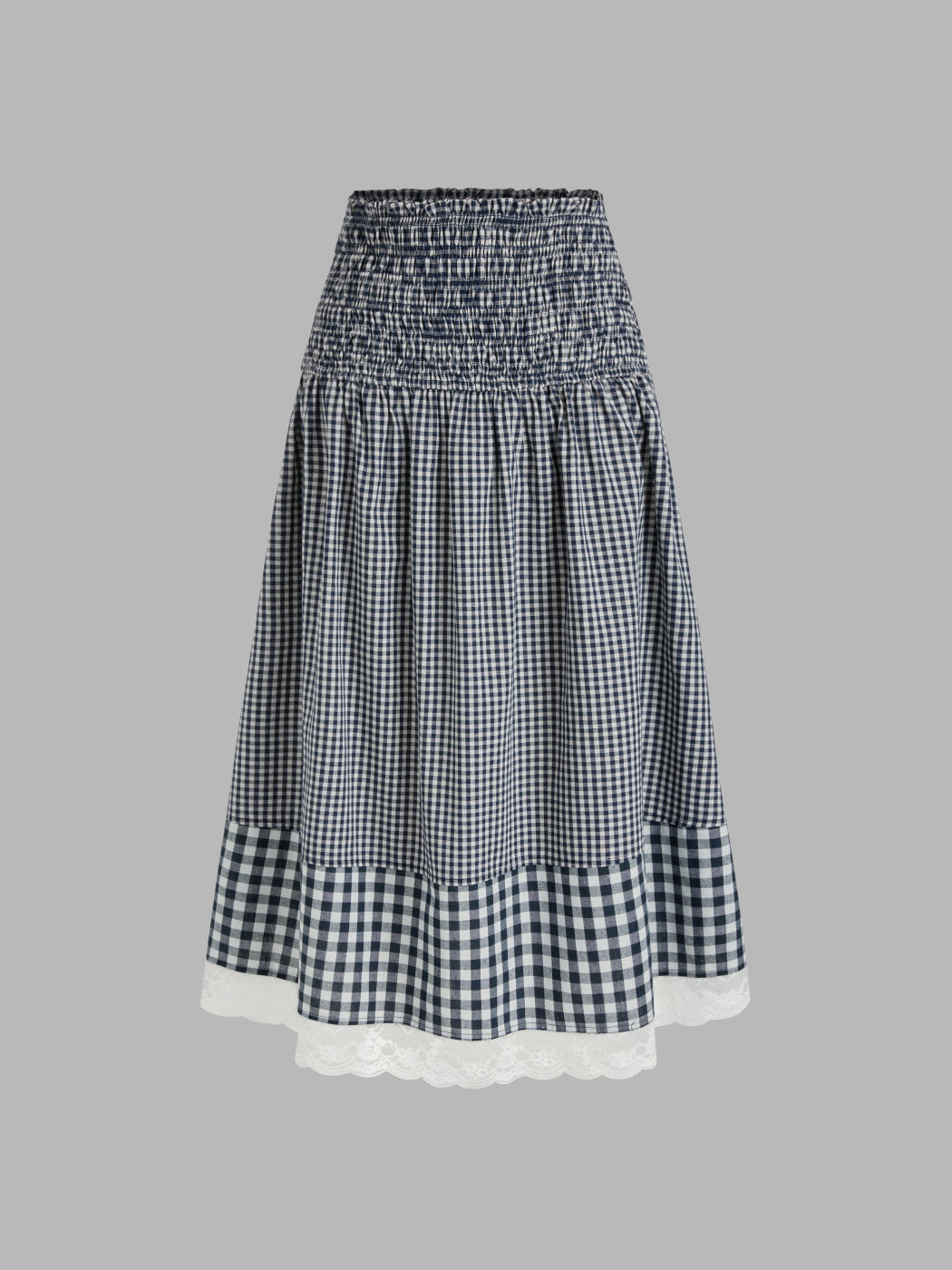 Cotton-blend Mid Rise Check Lace Trim Patched Tiered Maxi Skirt