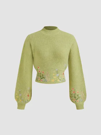 Strick-Crop-Top mit hohem Hals und floraler Stickerei