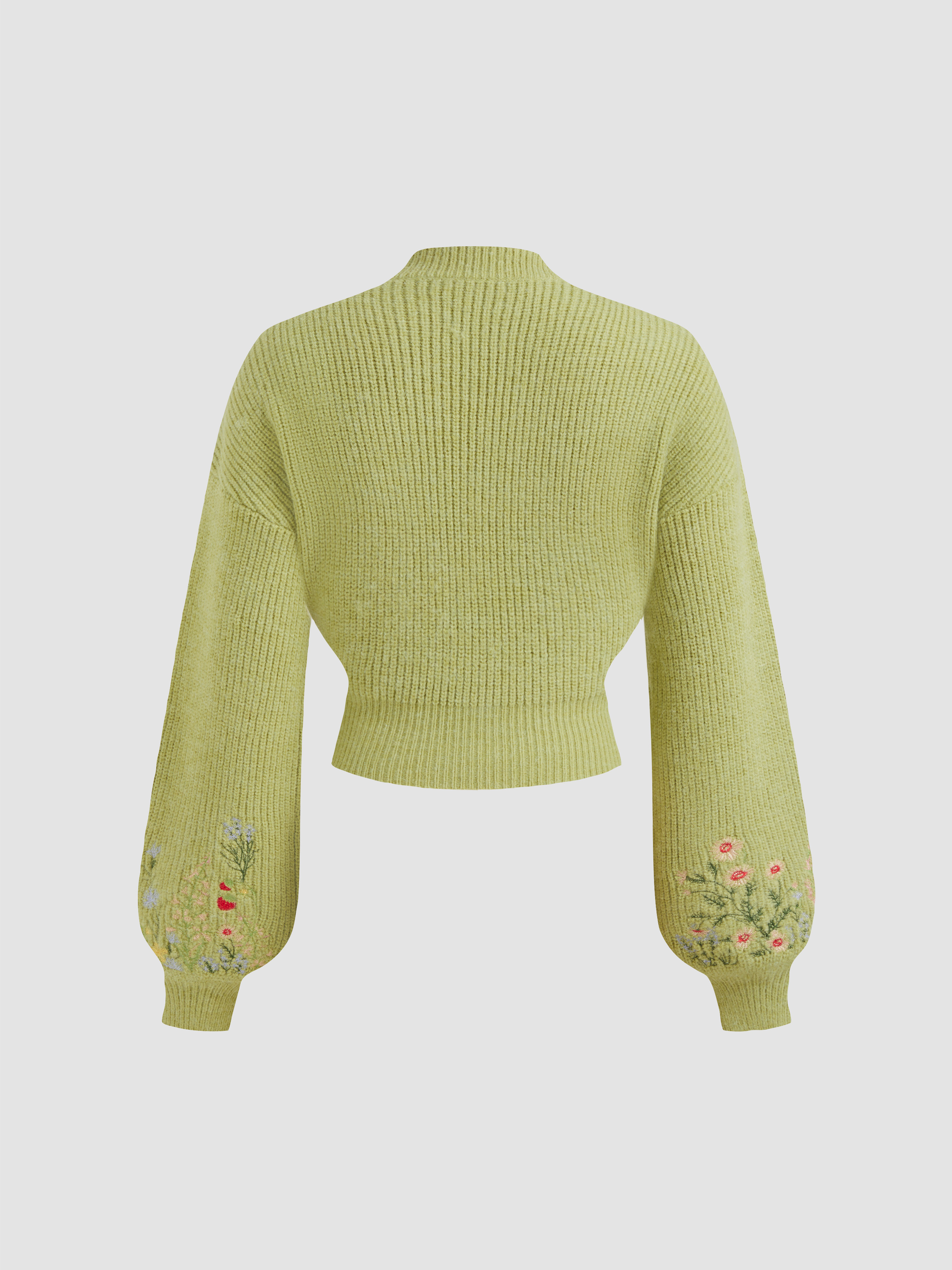 Knit Fabric Knit High Neck Floral Embroidery Crop Top For