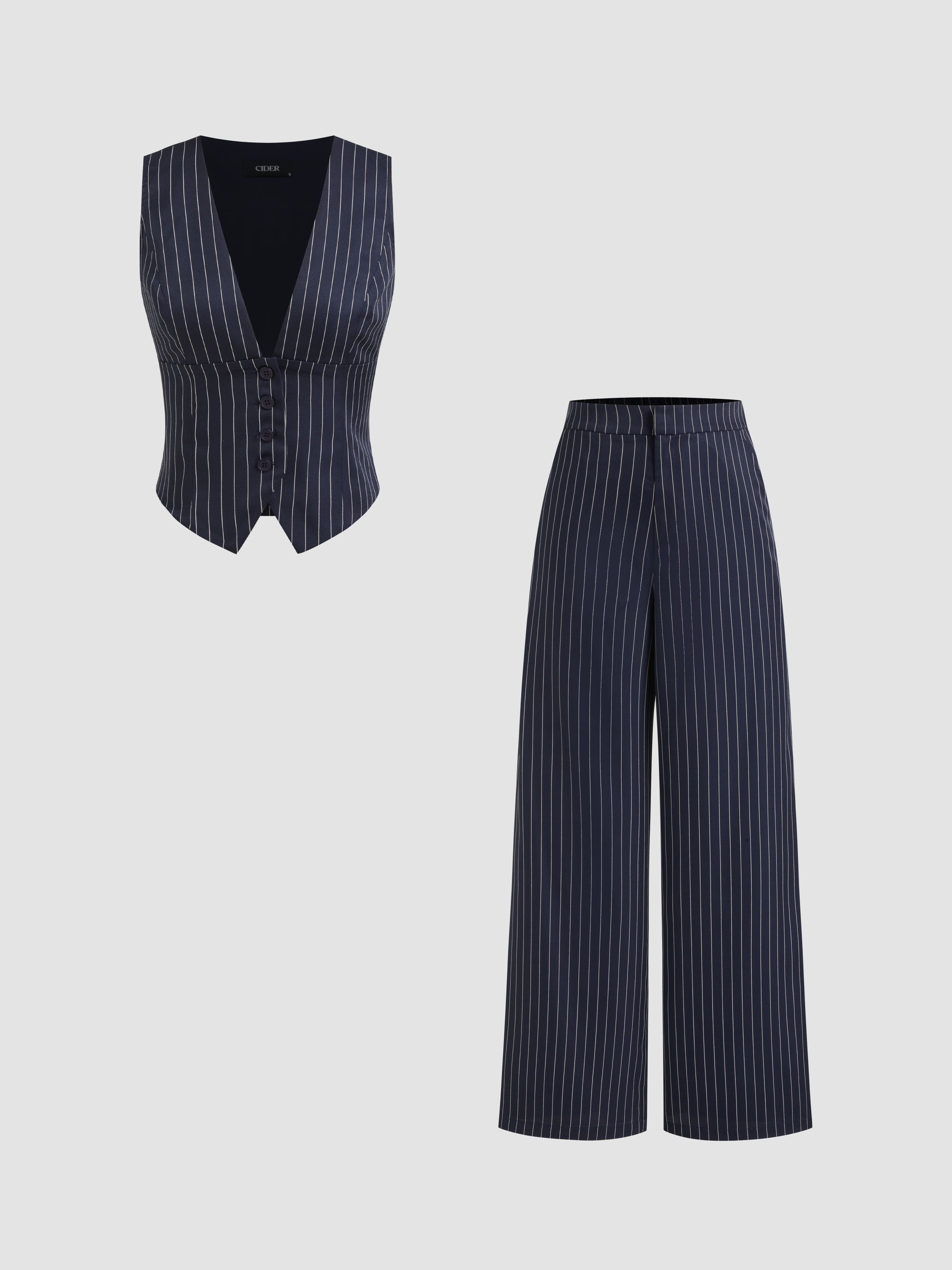 Woven Mid Waist Striped Pleated Button Trousers For Daily