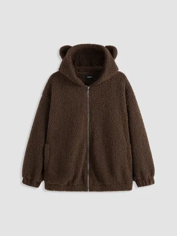 Teddy Fleece Jacket With Hood Curve & Plus