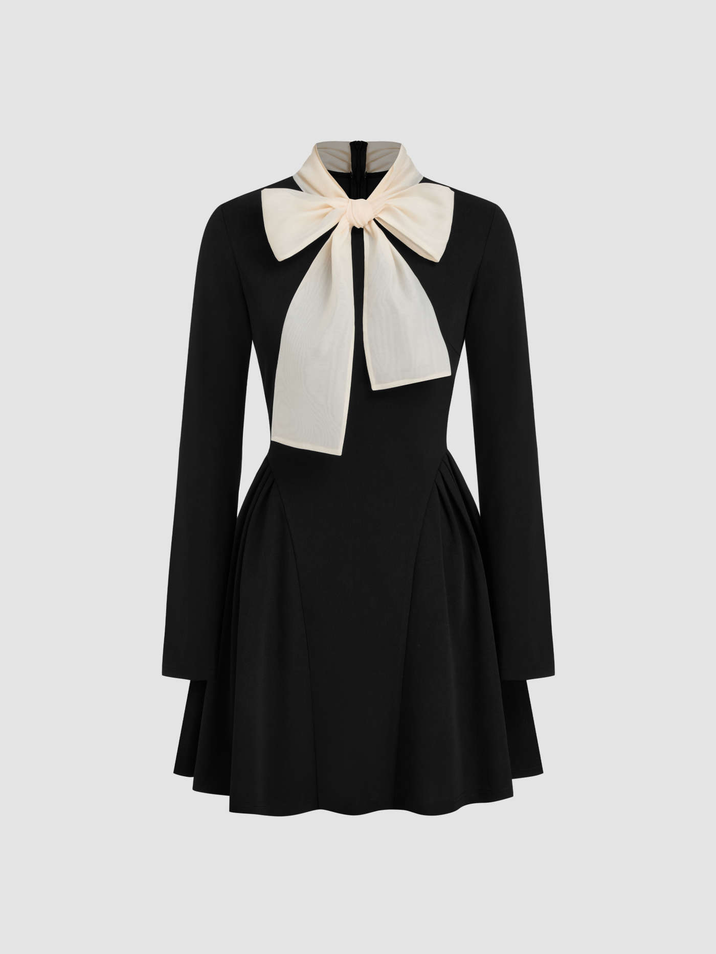 High Neck Solid Knotted Ruffle Hem Long Sleeve Mini Dress