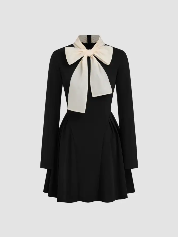 Cotton-blend Boat Neck Gingham Bowknot Ruched MIni Dress